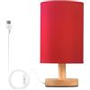 Cgiub Lampada da comodino rossa per camera da letto, lampada da comodino a LED, lampada da lettura con paralume in tessuto, base in legno e porta USB, decorazione per ufficio, soggiorno, cameretta dei