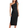 TANMESSO Abito estivo da donna, monospalla, senza maniche, increspato, aderente, per cocktail party, midi con spacco, Nero , S