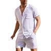 Generisch Tuta estiva in lino per il tempo libero, traspirante, pantaloni corti, set di due pezzi, leggero, casual, scollo a V, a maniche corte, camicia, pantaloncini da uomo, tinta unita, pigiama,