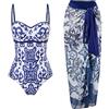 YAOTT Costume da Bagno Donna 1 Pezzi Costumi da Bagno Interi Imbottiti +1 Pezzi Pareo Mare Sarong Copricostume Gonna Scollo a V Costumi Interi Donna One Piece Bikini Monokini con Stampa Vintage StileM XL