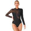 Generic Body da donna a maniche lunghe in rete con strass color block body ginnastica pattinaggio artistico abbigliamento da danza, Nero , M