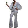 Generic Tuta da donna scintillante con scollo a V profondo a maniche lunghe Clubwear tuta con paillettes elegante plus size gamba larga pantaloni lunghi pagliaccetti festival glitter costume rave outwear