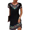 DJLORD Vestito Messicano Ricamato Donna Vestito Estivo Donna Casual Manica Corta Vestito Stampato Scollo A V Abiti Boho-Midi, Nero , XL