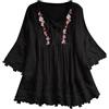 Generic Camicette da donna a tunica in pizzo bohémien con maniche a 3/4 stile bohémien sciolto floreale grafica ricamata top 2025 camicia indiana con volant per donne anziane fluide con lacci in lino boho