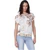 Koroshi Maglietta da donna in viscosa, a maniche corte, stampata, con orlo arricciato, bianco, XS