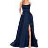 JokeLomple Abiti da ballo da donna lunghi da donna eleganti abiti lunghi senza schienale con scollo all'americanaCrisn Satin Spaghetti Party Prom Dress spacco laterale abito da da con tasche Vestiti Da Battesimo