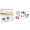 Leomark Cucina in legno Saint-Tropez con set di pentole in metallo piu panno - Set completo per piccoli Chef, Bianco - Blu impara ad preparare primi secondi e dolci Dimensioni: 107 x 106 x 32cm.