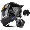 SONGDIQI Casco Modulare Moto Bluetooth Integrato, Casco Moto con Integrale con Doppia Visiera, Casco Integrato Apribile Omologati ECE(C10,L(59~60cm))