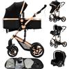 Doraystar Passeggino 3 in 1, Passeggino Trio con Due Modalità di Spinta Reversibile, Trio Passeggini Neonati con Design Pieghevole in Un Clic, Tris Neonato con Grande Nacelle Comoda (588 Black Gold)
