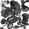 tectake® Passeggino Combinato Pieghevole, 2 in 1, Passeggino Leggero con Cintura a 5 Punti Regolabile, Tettuccio Parasole, Freno a Pedale, Passeggino per Bambini da 0 a 3 Anni - Antracite