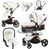 NADDLILY Pelle PU Passeggino Trio, Passeggino 3 in 1 con Sedile Regolabile Rotante 360°, Trio Passeggino Neonati con Accessori, Carrozzina Neonati con Design Portatile Pieghevole Un Clic (906 White)