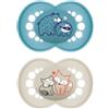 MAM Ciuccio a partire da 6 mesi, con tettarella simmetrica, piatta e flessibile in silicone skin soft silicone facile accettazione, con scatola autosterilizzante, originale, blu opaco, confezione da 2