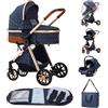 ALYIKOU trio passeggino neonati 3 in 1,Carrozzina reversibile fronte mamma e strada, Pieghevole，Con borsa mamma, portabicchieri, copertura antipioggia (3 in 1 V9 Blu)