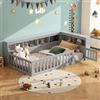 Trdlpyn Montessori Letto a Terra per Bambini 90 x 200CM, Comodino con Vano Contenitore, Presa e USB, letto Piazza e Mezza per Bambini, Struttura letto in Legno Massiccio, con Rete a doghe, Grigio
