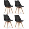 NMK HOME Sedie Cucina Plastica Set da 4 - Nere Sedie Sala da Pranzo Moderne - Gambe di Sedia in Legno di Faggio - Pellame Sintetico Vellutato