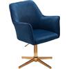FineBuy Sedia Girevole Blu Velluto Poltrona Scrivania Ergonomica 80-97 cm | Design Sedia Senza Ruote | Sedia Ufficio con Braccioli Imbottita Studio 120 kg