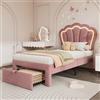 KAZZIO Lettino per bambini 90 x 200 cm, letto singolo a LED con cassetti, con rete a doghe e testiera regolabile, telaio letto per ragazzi in velluto rosa