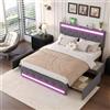 BLSYHDH Letto Baule 140 x 200 con LED, Imbottito con Cassettiera Matrimoniale e 4 Cassetti, Testiera e Rete a Doghe (Grigio Scuro+Lino)