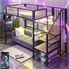 HOXINBLY Letto a soppalco singolo con illuminazione a LED, contenitore e armadio a giorno, letto a castello per bambini 90x200 cm con scaletta e ringhiera, in ferro e metallo neri (senza materasso)