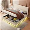 Autheria Letto Matrimoniale con Contenitore 160x200 cm con LED e USB,con testiera regolabile in altezza,Letto una piazza e mezza con Vano Portaoggetti, Letto Contenitore con rete a doghe, velluto beige