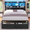 KIMENICH Letto 140 x 190 cm, Struttura Letto in Metallo con illuminazione a LED, Testiera con Stazione di Ricarica, Vano Portaoggetti, Telaio Lettos con 2 Cassetti, Nero