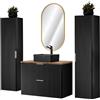 Lomadox Set completo da bagno, con 2 armadi alti, lavabo in ceramica e specchio LED ovale, nero opaco con rovere Nb., scanalato