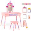COSTWAY 2 in 1 Toeletta Trucco per Bambina 3+ Anni, Postazione Trucco per Ragazza in Legno con Sgabello e Cassetto e Accessori, 74 x 39 x 101 cm, Rosa