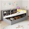 Rosebibi Divano letto 90x200 con presa multipla e scomparti multipli con barra luminosa, letto idraulico, letto in legno massello, letto singolo, letto in legno multifunzionale (grigio)