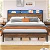 KIMENICH Strutture Letto 160 x 200 con illuminazione a LED, Telaio Letto 160 x 200 Doghe in Metallo, Lettos in Metallo con Stazione di Ricarica, Spazio Sotto il Lettos, Marrone Vintage