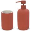 Inbagno Set Accessori Bagno 2 Pezzi in Ceramica Rosso Mattone cannettato, Dispenser Sapone e portaspazzolini Soft Touch, Spring