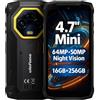 Ulefone Armor Mini 20 4G Smartphone Rugged, Dimensione del Palmo, 16GB+256GB, Batteria 6200mAh Ricarica Wireless, Fotocamera Visione Notturna 64MP+50MP, 4,7 HD+, IP68 Impermeabile Android 14, NFC