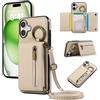 YANJIEER ESONG Cover per iPhone 16 Portafoglio Case con Cordino Cinturino e Ring,Custodia A Libro In Pelle Flip Cerniera,Caso per Donna Con Porta Carte,Magnetica,Supporto Beige