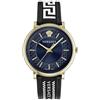 Versace Orologio da polso da uomo al quarzo moda cinturino in pelle nero cassa in acciaio inox display analogico blu - VE5A01821
