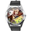 Taport® Orologio rotondo in pelle nera per gli appassionati di cavalli E2