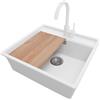 PRIMAGRAN Lavandino sottotop Bianco 56x53cm, Lavello in Granito a 1 vasca + Rubinetto 32x20cm + Set di accessori, Lavabo da Cucina al Mobile 60cm - Bergen Low Cut Top S085