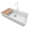 PRIMAGRAN Lavandino Angolare Bianco 88x50cm, Lavello in Granito a 1 vasca + Rubinetto 32x20cm + Set di accessori, Lavabo da Cucina Incasso al Mobile 90cm - Oslo 90 Top S717