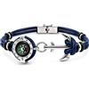 amorili Bracciale Uomo con Bussola Ancora in Acciaio Inox e Pelle Blu - Simbolo Nautico Marino - Idea Regalo Mare Estate - Braccialetto Elegante (blu2)