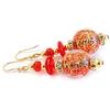 Venezia Classica - Orecchini da Donna con perle in Vetro di Murano Originale, Collezione Diana, con foglia in oro 24kt, Made in Italy certificato (rosso)