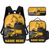 ASD Jewerly 3Pcs Set personalizzato ingegneria veicoli a tema zaino borsa regalo, nome personalizzato costruzione veicoli a tema escavatore camion stampa zaino casual laptop daypack borsa (style12)