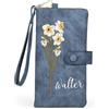 kaululu Portafoglio Personalizzato da Donna con Fiore di Nascita e Nome Inciso Portafoglio Lungo in Pelle PU con Tasca Portamonete per Mamma Fidanzata Moglie Regali di Natale (B-Blu scuro)