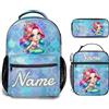 Generic Personalizzata Zaino scuola elementare bambina Personalizzato Sirenetta con Nome per school bag Scuola 3 Pezzi zainetto asilo bambino con borsa termica e Astuccio zaini per media superiore