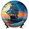 Gokays Piatti decorativi per la casa, barca a vela blu mare di notte, vassoio decorativo per esposizione da tavolo, piatto da pranzo in ceramica con supporto, decorazione per soggiorno, sala da pranzo