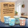 G.M. DISTRIBUZIONE 500 Pezzi Bicchieri da Caffè in Carta con Grafiche Maioliche, 75 ml, Biodegradabili Biocompostabili, Usa e Getta, 4 Colorazioni, Ideale per Casa, Ufficio, Asporto Bevande Calde