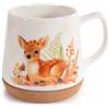 Generico Tazza in Ceramica con Base in Sughero - Design Animali del Bosco (Volpe, Scoiattolo, Cerbiatto) - 500 ml (Cerbiatto con pettirosso)