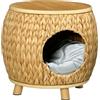 Pawhut grotta per gatti in rattan design 2 in 1 cesto per gatti con cuscino letto per gatti rifugio per gatti letto per animali domestici giacinto d'acqua erba paulownia legno marrone chiaro+grigio 44