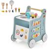 RELAX4LIFE Carrello Primi Passi in Legno 6 in 1, Centro Montessori Cucina con Pannello Attività, 9 Accessori, Vano Portaoggetti, Anti O, per Bambini 1-3 Anni, Legno Naturale + Blu Morandi