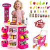 HOMASIS Supermercato Giocattolo per Bambini con Carrello della Spesa e 29 Accessori, Negozio di Alimentari con Luci e Suoni, Cassa, Bilancia e Scanner, Banco per Bambini dai 3+ Anni (Rosa)