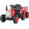 LALAHO trattore elettrico per bambini 12V con luci a LED, trattore telecomandato, musica, 3-8km/h, rimorchio staccabile (Rosso)