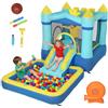 AIYAPLAY Castello Gonfiabile per Bambini 4 in 1, Scivolo, Trampolino, Piscina Palline/Acqua, Canestro, Palla, Pistole ad Acqua, Soffiatore, Borsa Trasporto, Interni Esterni, 3-8Anni, 364x173x182cm Blu