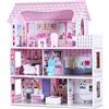 GYMAX Casa delle Bambole per Bambina in Legno, Giocattolo Multicolore a 3 Ripiani con Accessori Completi e Mobili, 70x62x27 cm